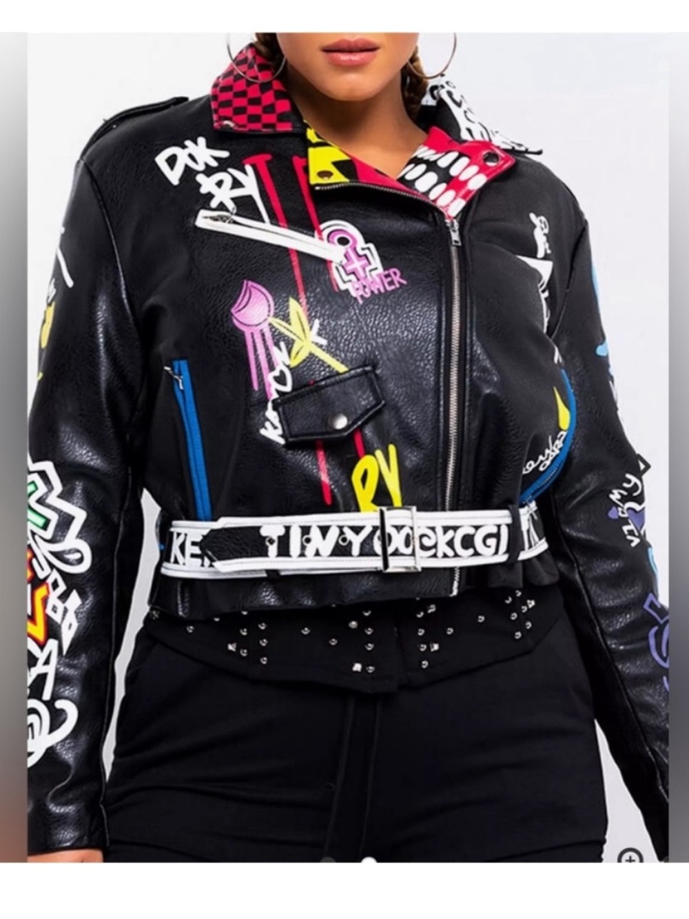Azalea Wang Artsy Colorful Graphic Stud Moto vegan leather Jacket size small